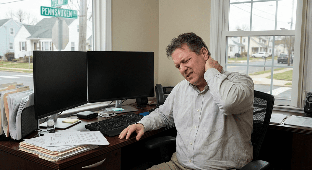 Neck pain from long hours at your desk in Pennsauken, office ergonomics and posture issues
